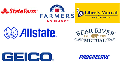 State Farm Insurance logo, Liberty Mutual Insurance logo, Farmers Insurance logo, Allstate Insurance logo, Bear River Mutual Insurance logo, Geico Insurance logo, Progressive Insurance logo.