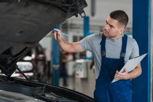 A mechanic checking the car after an accident
